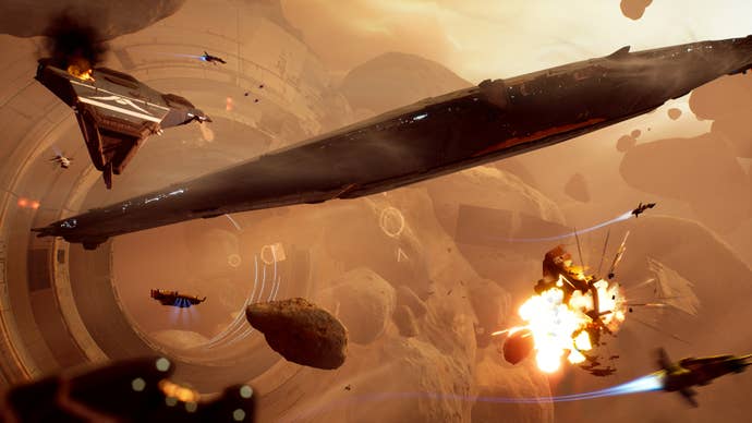 Spaceship action in a Homeworld 3 screenshot.