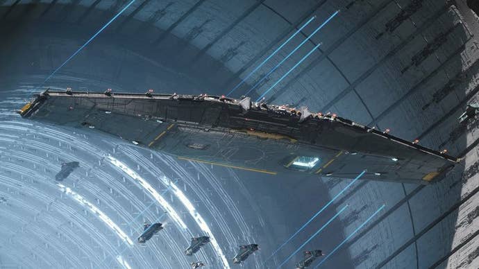 A concept artwork of Homeworld 3’s vast Mothership, flying through an even larger structure.