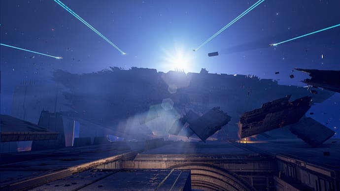 A gorgeous image of light breaking over the top of some massive space structure - a wreckage of some kind - and four craft are flying from the top of the image towards it, leaving blue trails in their wake.