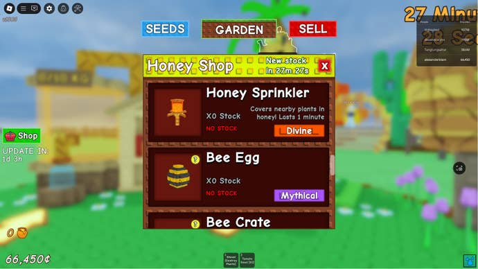 The Trade Honey menu in Robox's Grow A Garden, showing a Honey Sprinkler for sale along with a Bee Egg.