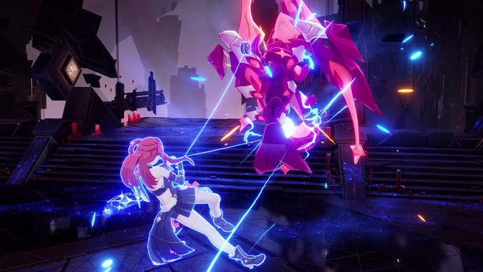 A character leaps into the air to battle an enemy using Honkai Impact 3rd Part 2's revamped aerial combat