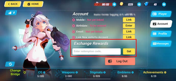 Honkai Impact 3rd Account screen