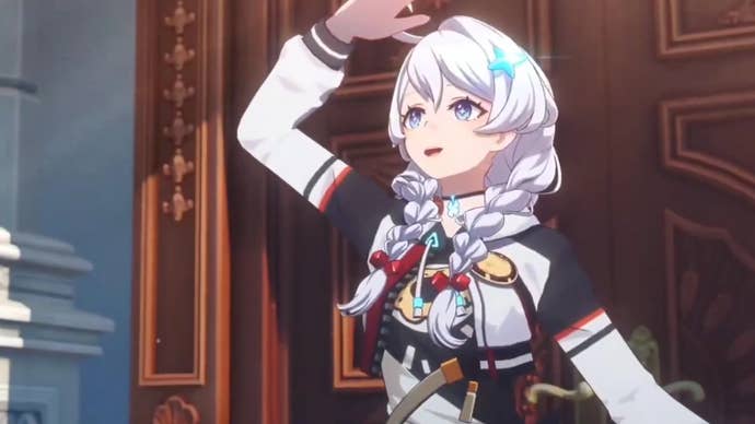 Kiana, a achromatic haired woman, is holding her manus up to her caput looking up successful a trailer for a caller Honkai game.