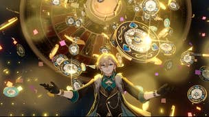 Honkai Star Rail's Aventurine with a roulette behind him as poker chips rain down in golden sparkles