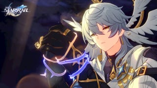 Sunday from Honkai Star Rail, with his hands bound together by mysterious purple light as his godly feathered wings fan out behind him