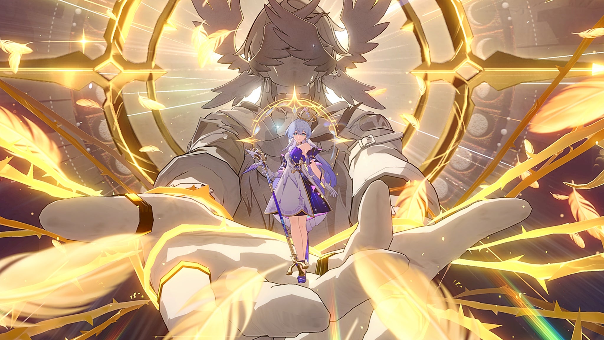 Robin from Honkai Star Rail, standing on the hands of a giant mechanical god-slash-conductor as a rain of golden feathers flutters around her - 7