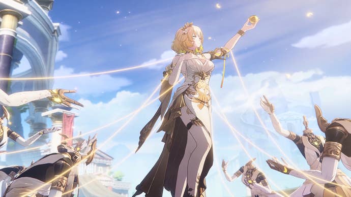 Aglaea in HSR, a tall woman in a toga-like dress with bobbed blonde hair, raising a golden bauble to the sun, surrounded by dressmaker’s dummies raising their hands to her