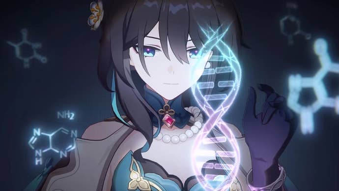 Ruan Mei from Honkai Star Rail, examining a chain of DNA