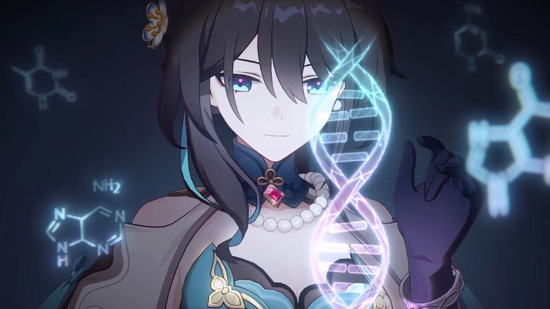 Ruan Mei from Honkai Star Rail, examining a chain of DNA - 1