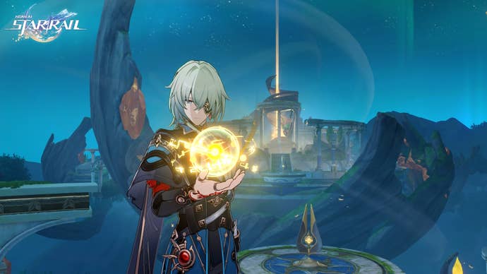 Anaxa in Honkai Star Rail, looking at the Golden Ball in his hand