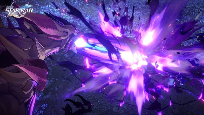 Castorice's Bone Dragon Memostprite in Honkai Star Rail, blowing up a group of enemies with purple fire