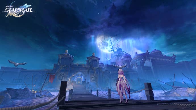 Castorice in Honkai Star Rail, gazing at a castle shrouded in eerie purple fog
