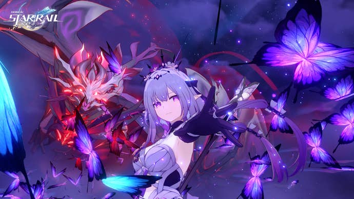 Castorice in Honkai Star Rail, posing next to vivid purple flowers and her bone dragon memosprite