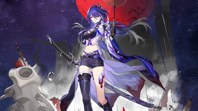 Acheron from Honkai Star Rail, holding a red parasol as a wave of black and white mist overtakes her