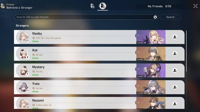 Image showing a screen in Honkai Star Rail where you can add friends to your party or search for help from strangers' characters.
