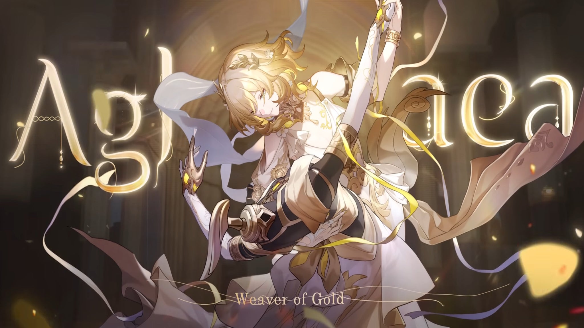 Honkai Star Rail's Aglaea holding one of her garmentmaker dummies, with golden text spelling her name crawling across the view - 3