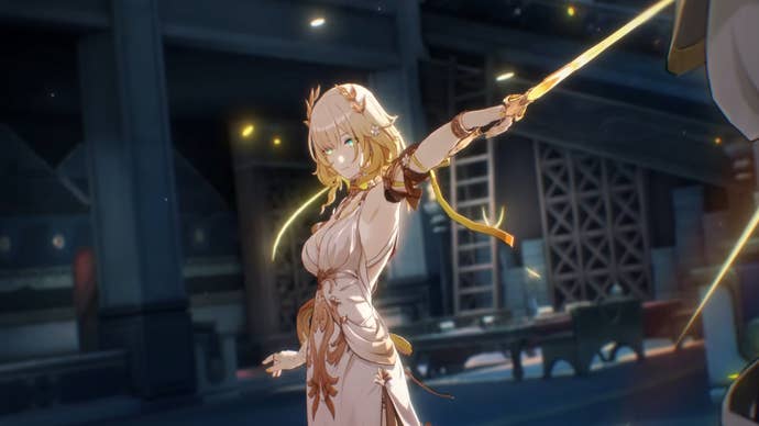 Honkai Star Rail’s Aglaea with her left arm extended, pointing a blade at a nearby enemy