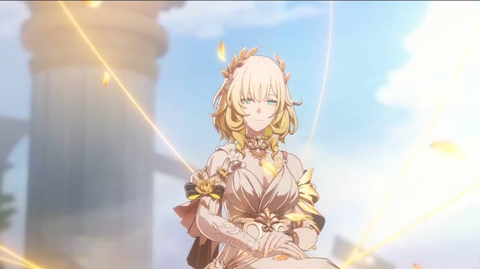 Honkai Star Rail’s Aglaea, sitting alone on a stool in an open courtyard surrounded by pillars