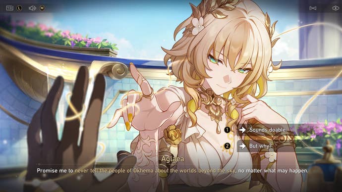 Honkai Star Rail’s Aglaea, sitting at a table laden with tea things with a golden thread joining her right index finger to the Trailblazer’s left middle finger