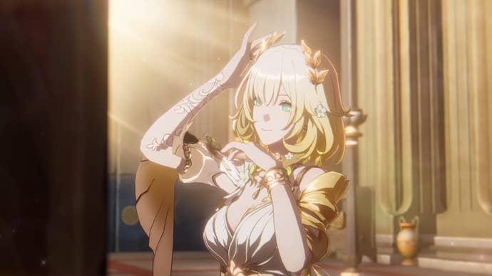 Honkai Star Rail’s Aglaea standing in the middle of a large, open stone room, bathed in golden sunlight