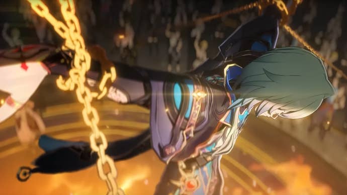 Anaxa from Honkai Star Rail suspended in chains
