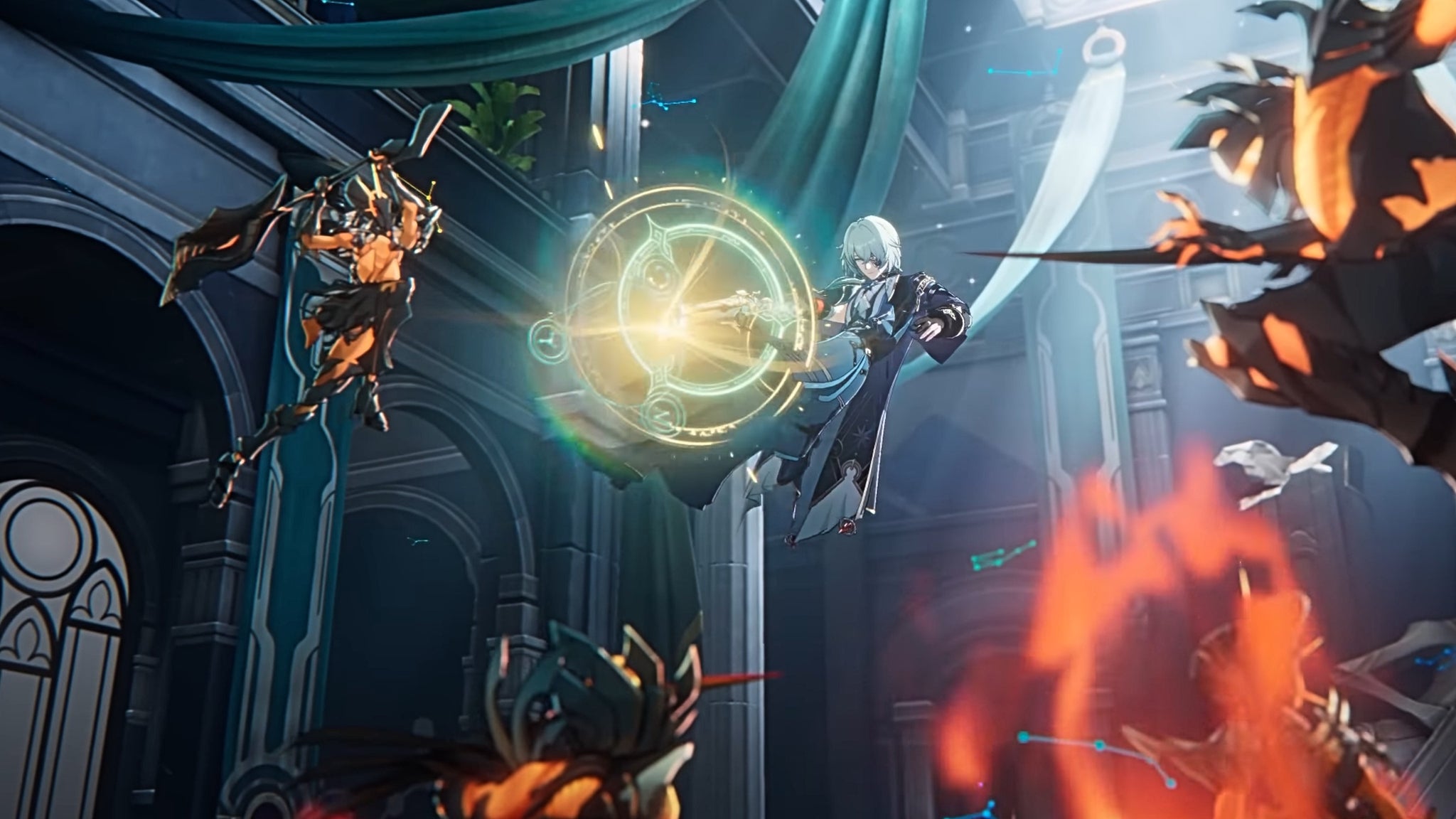 Anaxa from Honkai Star Rail in midair, infusing his pistol with magic - 4