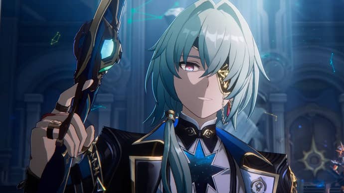 Anaxa from Honkai Star Rail holding a pistol in his right hand and looking smug