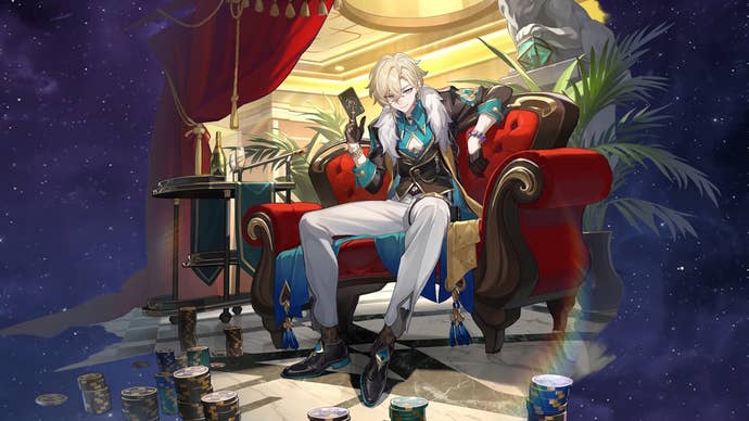 Aventurine’s banner art from Honkai Star Rail, featuring him sitting in a red plush chair surrounded by gold coins