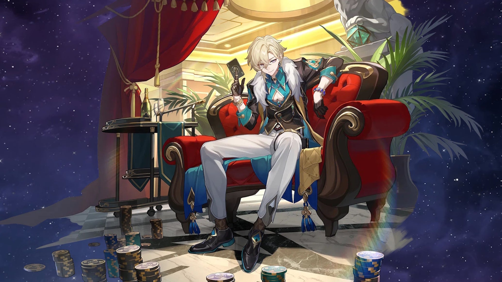 Aventurine's banner art from Honkai Star Rail, featuring him sitting in a red plush chair surrounded by gold coins - 1