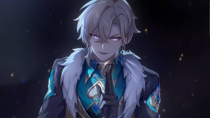 Honkai Star Rail’s Aventurine standing in the dark while his purple eyes glow