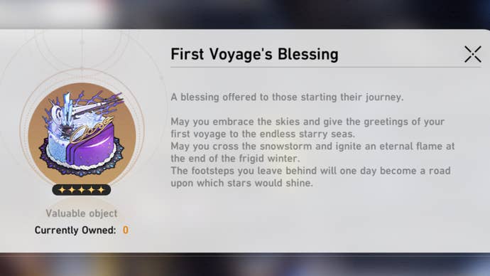Image showing a description for the First Voyage's Blessing birthday cake in Honkai Star Rail.