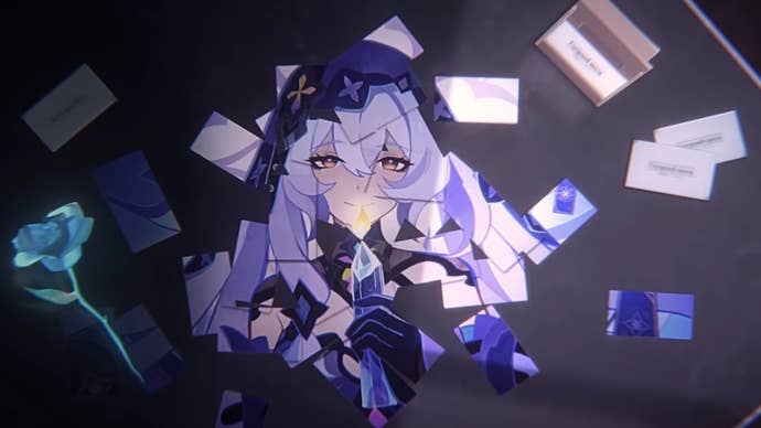 Honkai Star Rail Black Swan kit: Star Rail’s Black Swan is reflected in pieces of shattered glass, with a frozen rose on the left and handwritten notes on the right