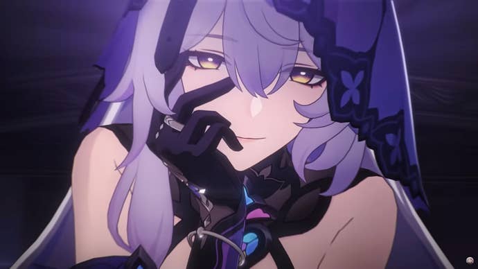 Honkai Star Rail Black Swan materials: Star Rail’s Black Swan moves her face close to the camera, with her right hand covering her cheeks under her right eye
