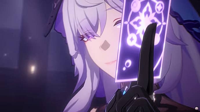 Honkai Star Rail Black Swan teams: Star Rail’s Black Swan holds a tarot card between her left index finger and thumb and shows the card back to the camera