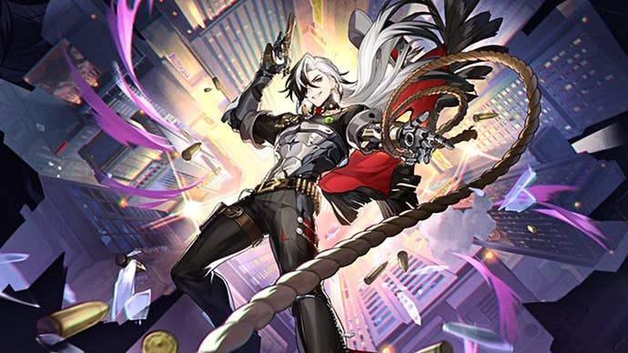 Honkai Star Rail’s Boothill falling through a cityscape and lashing out with a whip