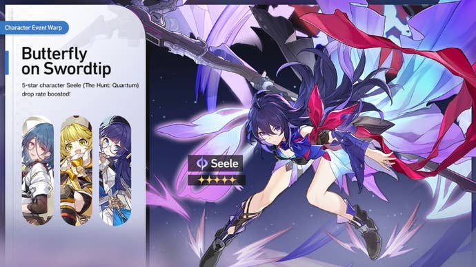Honkai: Star Rail’s “Butterfly on Swordtip” banner as it appeared in April/May 2023, featuring Seele alongside Natasha, Hook, and Pela.
