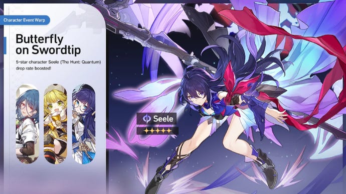 Honkai: Star Rail’s “Butterfly on Swordtip” banner as it appeared in April/May 2023, featuring Seele alongside Natasha, Hook, and Pela.