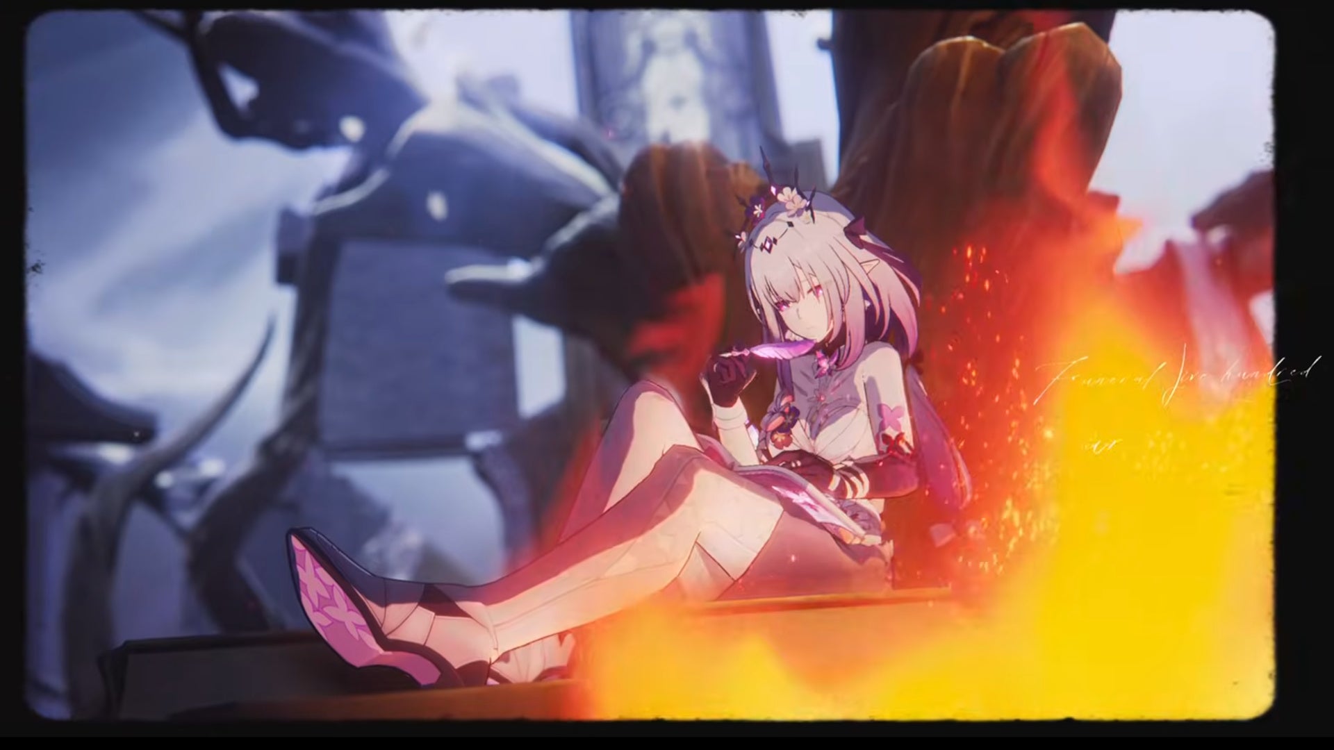 Castorice in Honkai Star Rail sitting on the deck of a ship near a fire and taking notes - 4