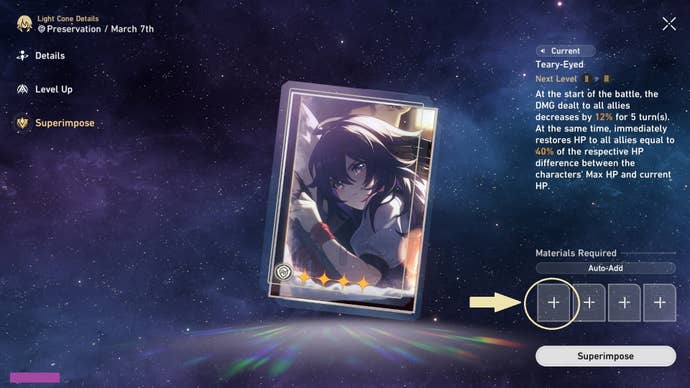 The superimpose sub-screen of the enhance light cone screen in Honkai: Star Rail’s character management system. The image in the centre is a playing card-like picture of a woman’s face.