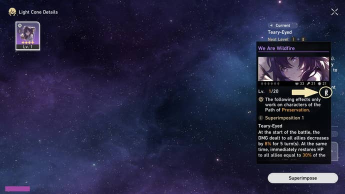 Toggling a small button on a stats pop-up in Honkai: Star Rail’s light cone superimposition screen unlocks the item.