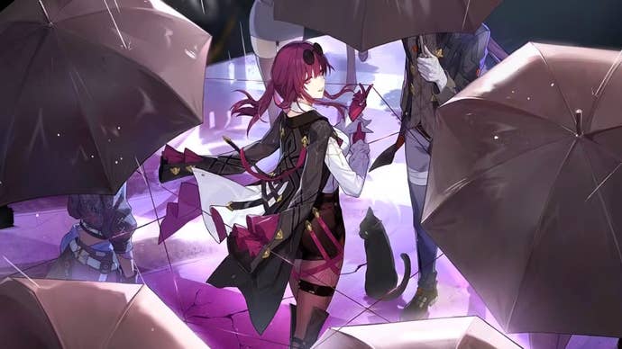 Kafka’s banner art, featuring Kafka on a crowded street, surrounded by people carrying black umbrellas