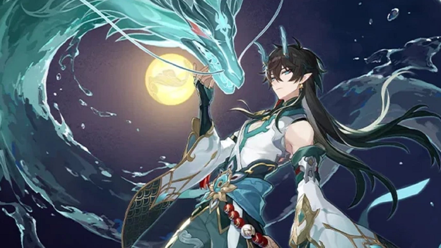 Dan Heng a.k.a. Imbibtor Lunae looks deep into the eyes of a semi-transparent blue-green dragon, against the backdrop of a full moon in the night sky. - 1