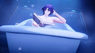 Honkai Star Rail Dr Ratio build: An anime man with mid-length blue hair is sitting in a white ceramic bathtub. Bubbles float around him, and he holds an open book in his right hand