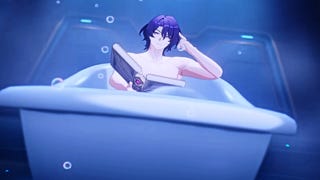 Honkai Star Rail Dr Ratio build: An anime man with mid-length blue hair is sitting in a white ceramic bathtub. Bubbles float around him, and he holds an open book in his right hand