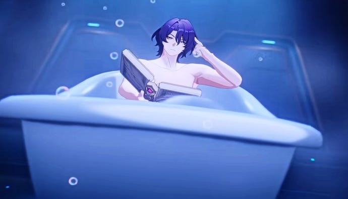 Honkai Star Rail Dr Ratio build: An anime man with mid-length blue hair is sitting in a white ceramic bathtub. Bubbles float around him, and he holds an open book in his right hand