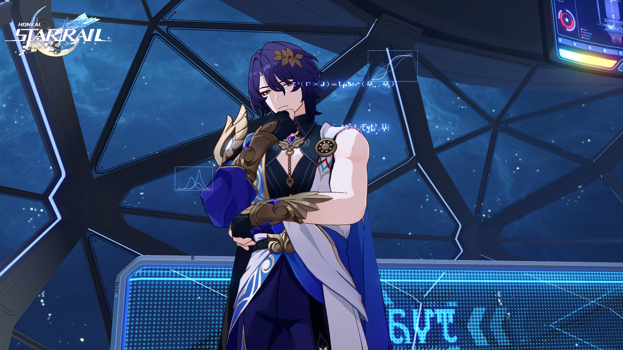 Honkai Star Rail Dr Ratio kit traces priority: An anime man with shaggy blue hair, wearing a loose-fitting tunic, is standing with his chin in his hand. - 5