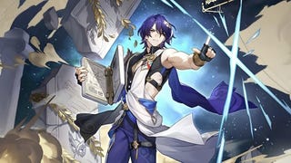 Honkai Star Rail Dr Ratio materials list: An anima man with short blue hair and a toga-like tunic is standing with his fingers in an L shape, as if he's measuring the angle of an object only he can see.