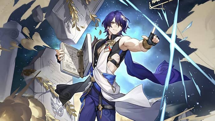 Honkai Star Rail Dr Ratio materials list: An anima man with short blue hair and a toga-like tunic is standing with his fingers in an L shape, as if he’s measuring the angle of an object only he can see.