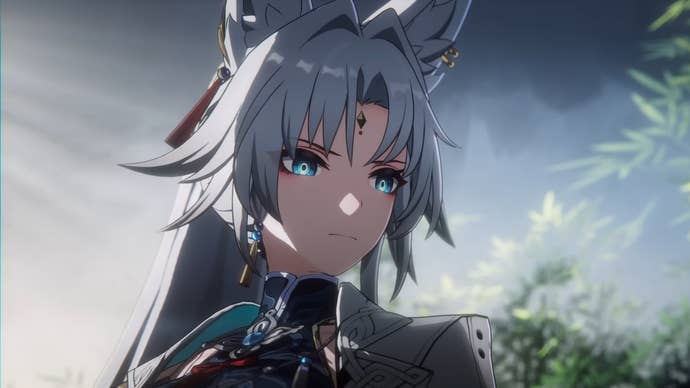 Honkai Star Rail’s Feixiao standing in a ray of sunlight, wearing a serious expression as she contemplates an unseen object offscreen