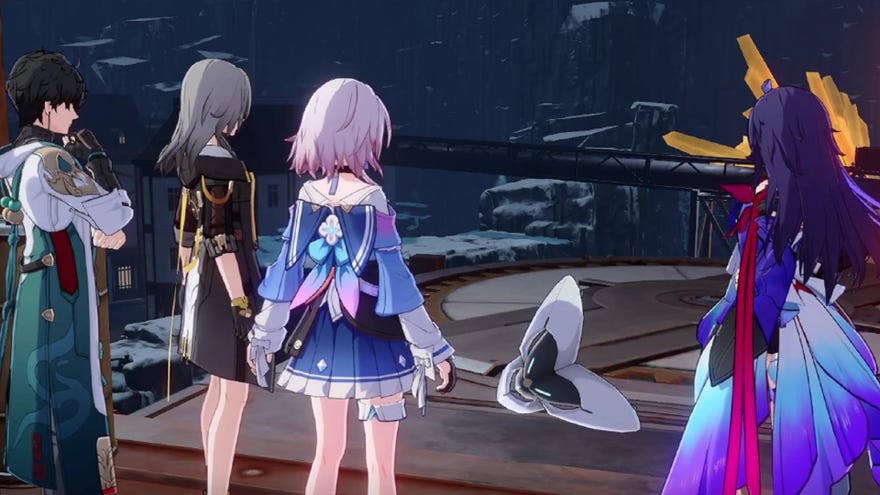 Dan Heng, Stelle, March 7th, and Seele encounter Findie for the first time in the mines of Jarilo-VI in Honkai: Star Rail.